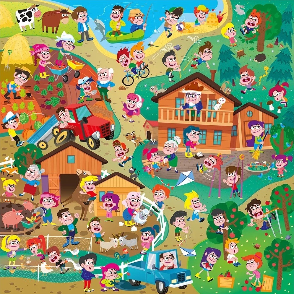Cartoon children playing on farm with animals, barns, playground, and various outdoor activities