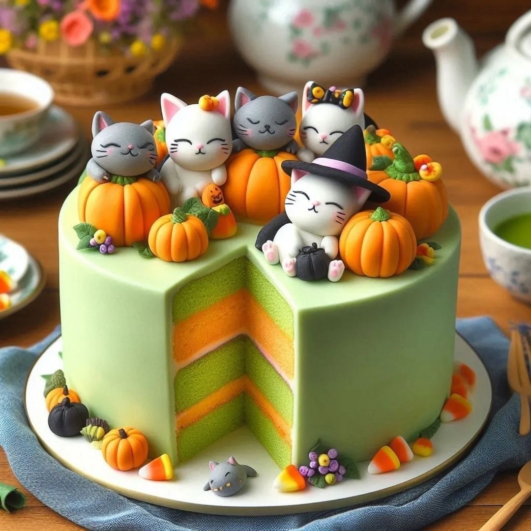 Pastel green cake with cat toppers, pumpkins, and candy corn decorations