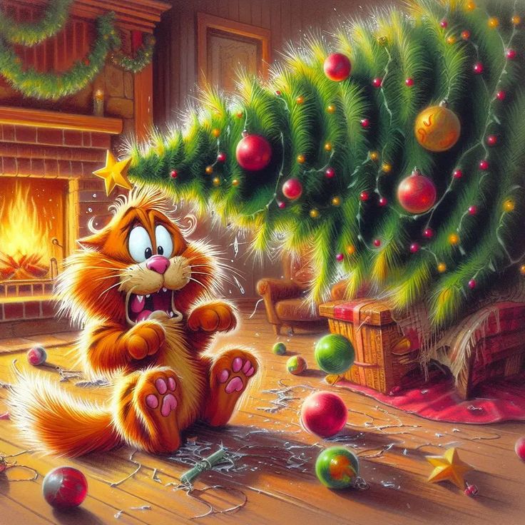 Cartoon orange cat looking startled as Christmas ornaments fall from decorated tree in warm living room