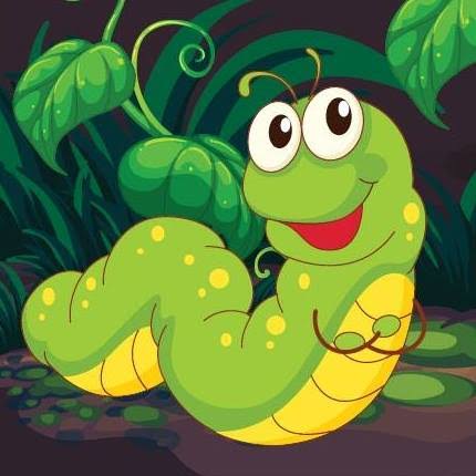 Smiling green cartoon caterpillar among leafy plants