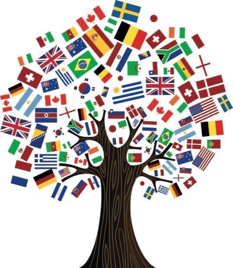 Illustration of a tree with branches filled with colorful world flags as leaves