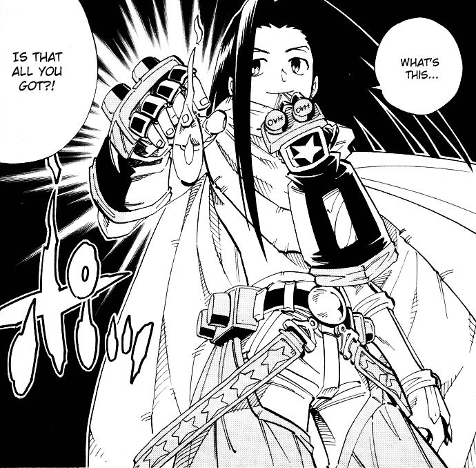 Manga panel showing character Hao with long hair in dramatic black and white illustration with action effects