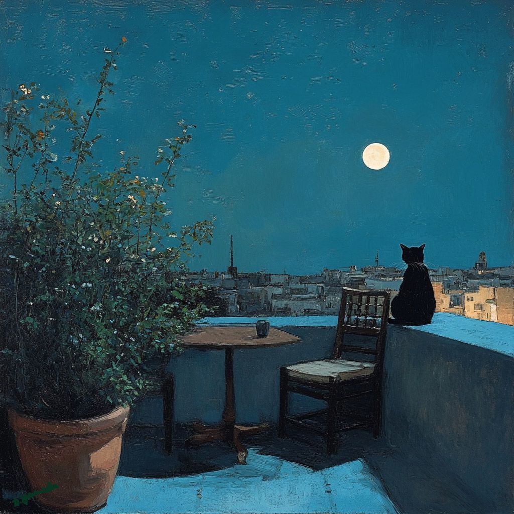 Black cat on blue rooftop terrace at night with full moon and potted plant
