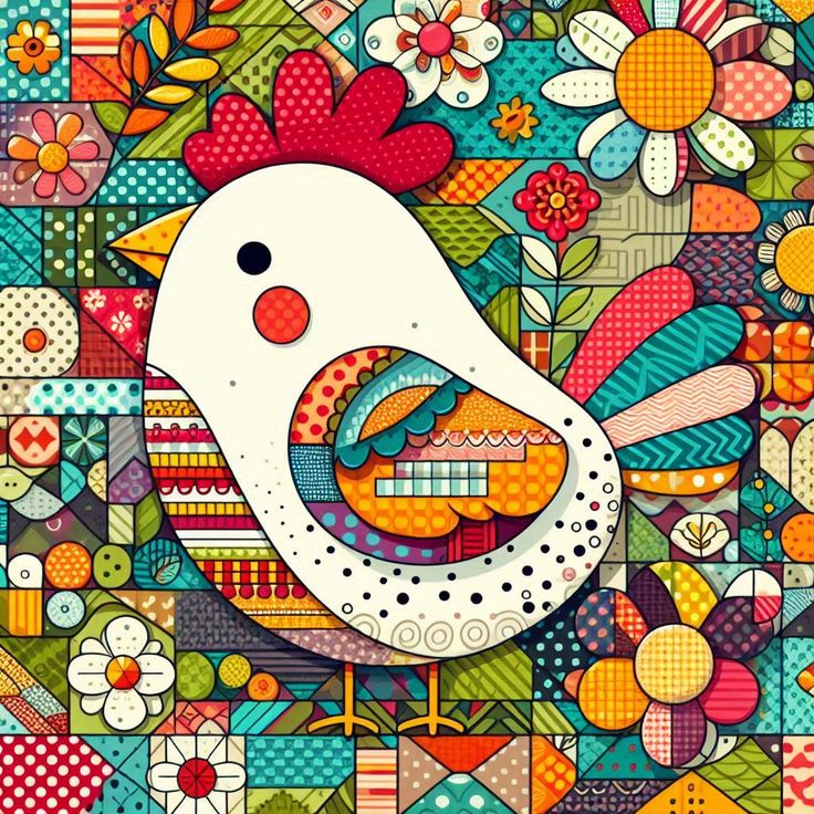 Folk art bird with patchwork quilt patterns and flowers in bright colors
