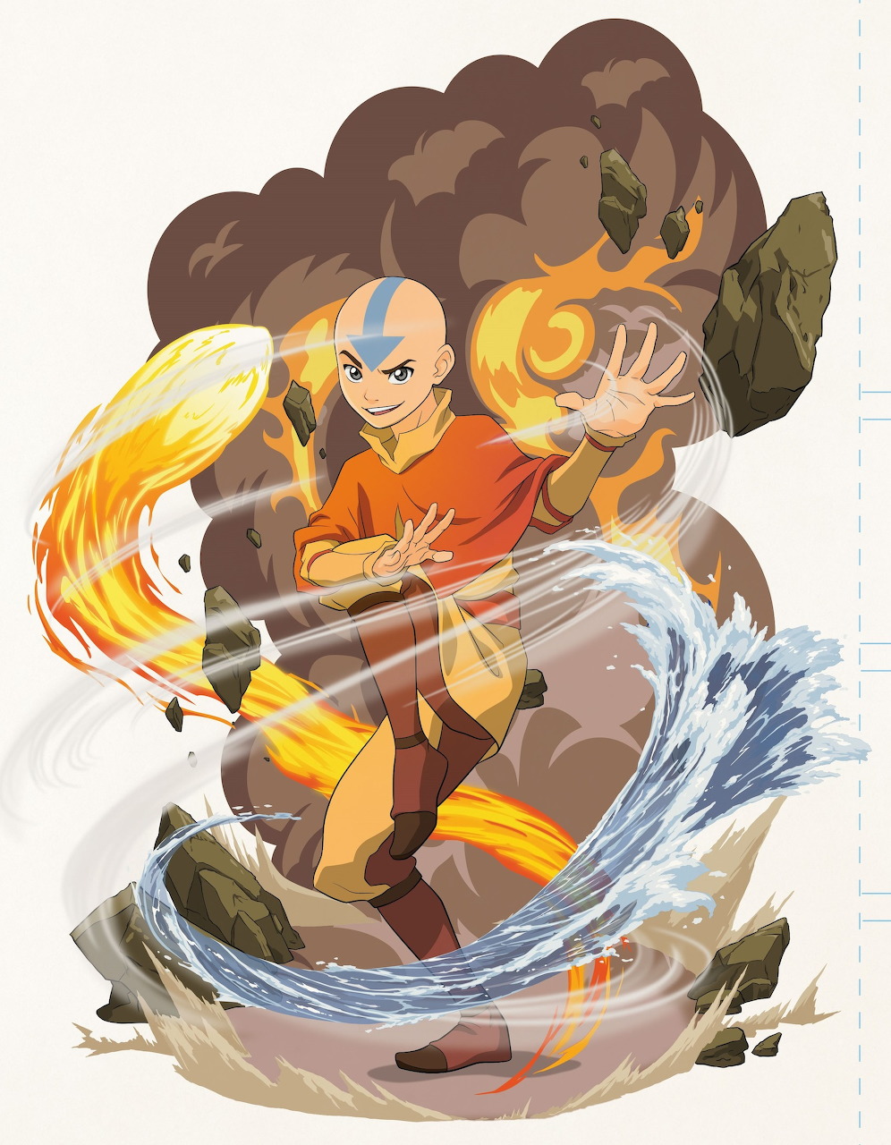 Avatar Aang performing elemental bending with fire, air and water swirling around him in dynamic pose