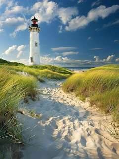 White lighthouse on sandy dunes with beach grass under blue sky