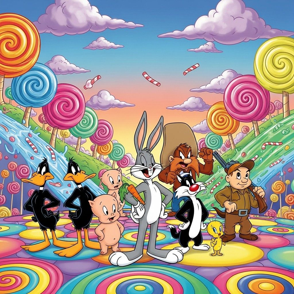 Looney Tunes characters in colorful candy landscape with giant lollipops and swirled ground