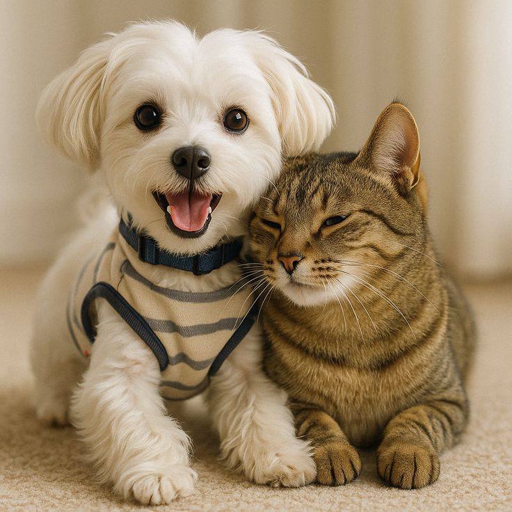 Small white dog in a striped shirt cuddling with a tabby cat on a carpet