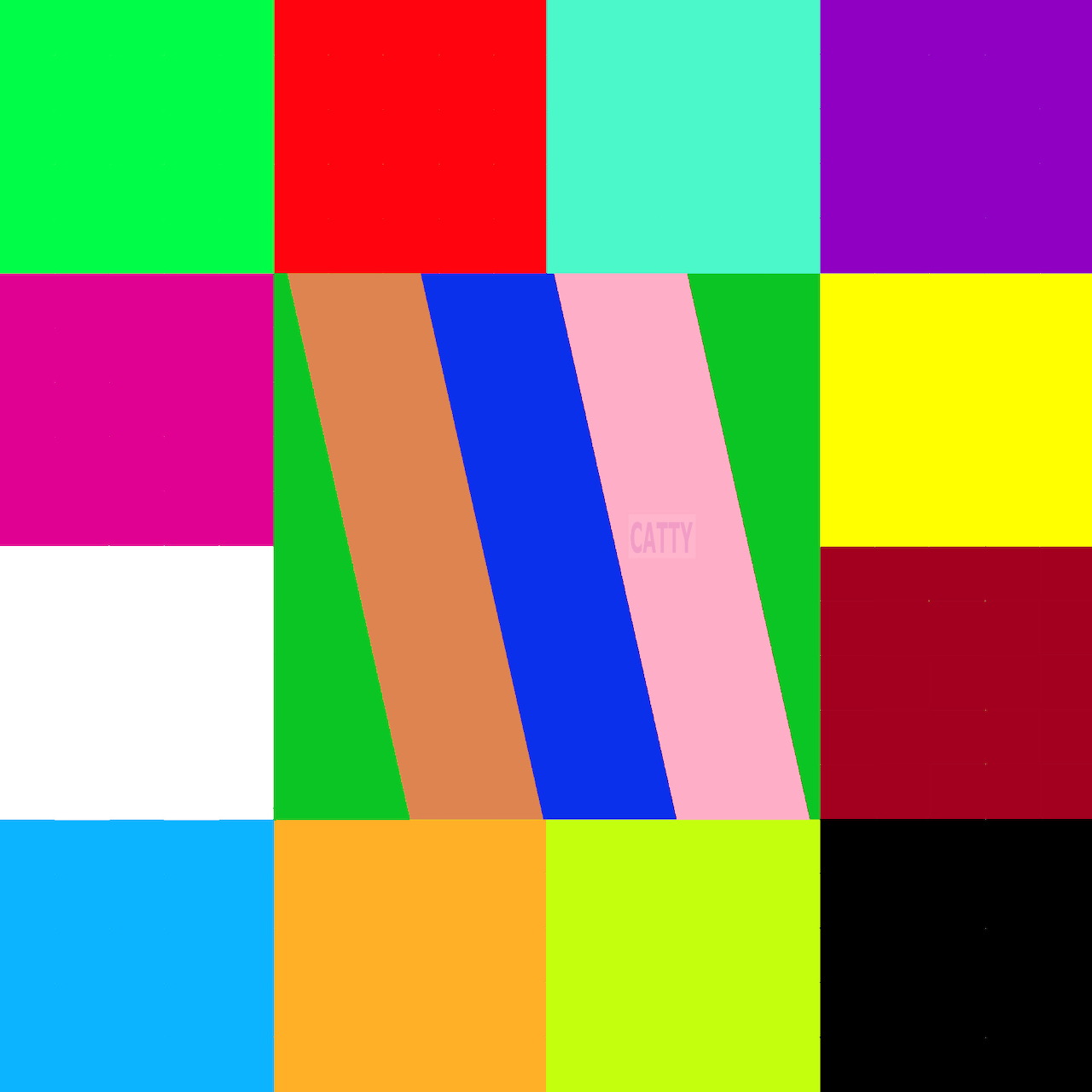 Abstract grid of colorful rectangular blocks with diagonal striped elements in bright hues