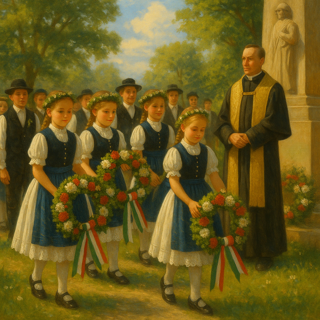 Children in traditional dress holding flower wreaths stand with priest by statue in pastoral setting