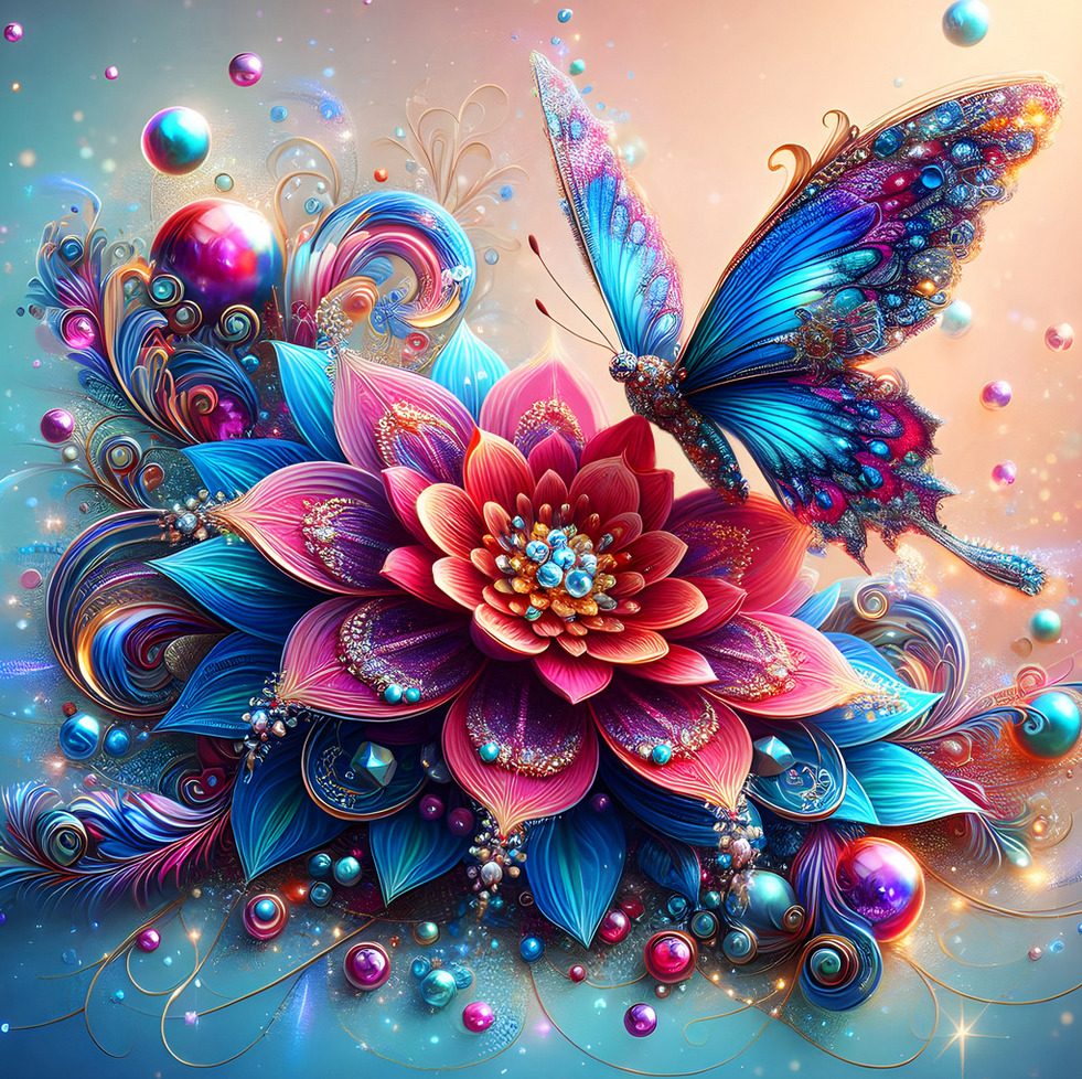 Colorful fantasy butterfly with blue and pink wings on ornate lotus flower with swirling decorative elements