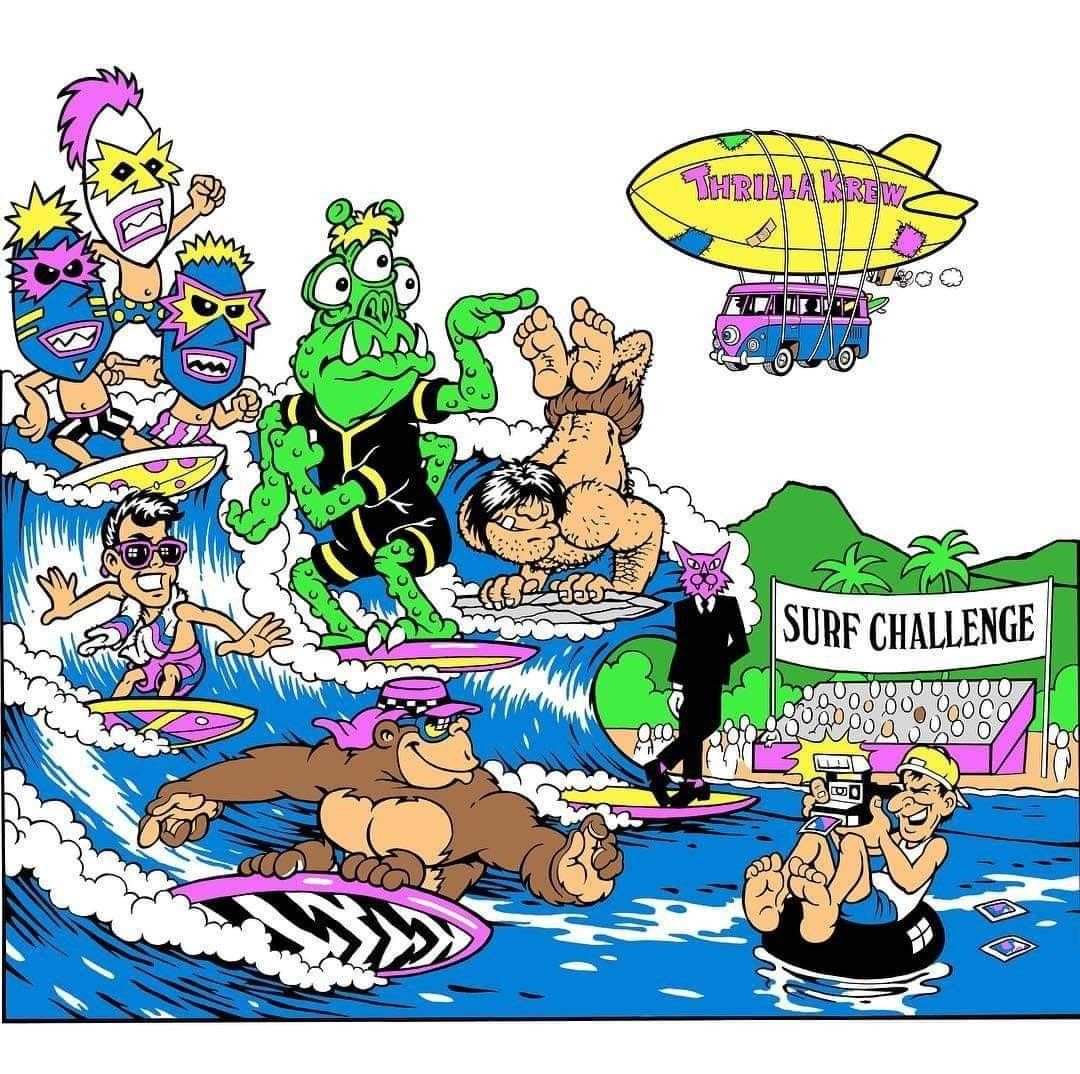 Cartoon surfers in a chaotic beach surfing competition with waves and a yellow blimp