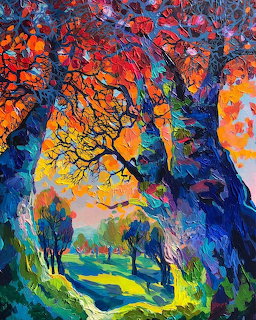 Impressionist painting of trees along a path with vibrant orange, blue, and yellow colors