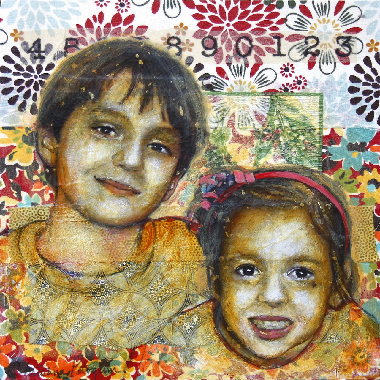 Mixed media collage of two smiling portraits surrounded by colorful floral patterns and decorative elements