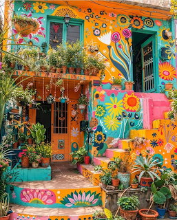 Colorful painted house exterior with flower murals, stairs, windows, and potted plants