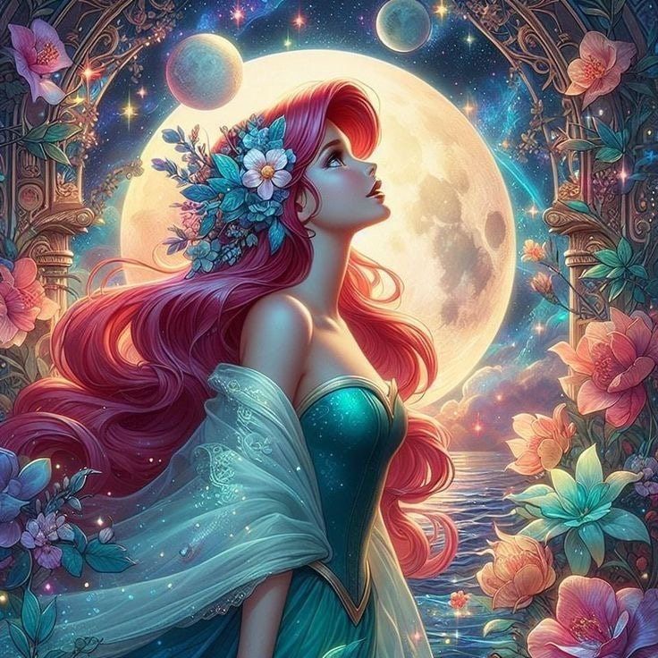 Illustration of Ariel with red hair, flowers, and a full moon above the ocean