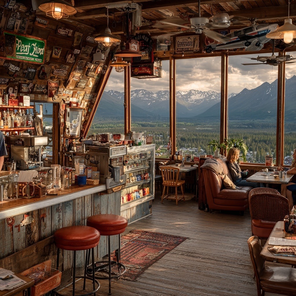 Cozy rustic cafe with bar, leather chairs, and large windows overlooking mountain landscape