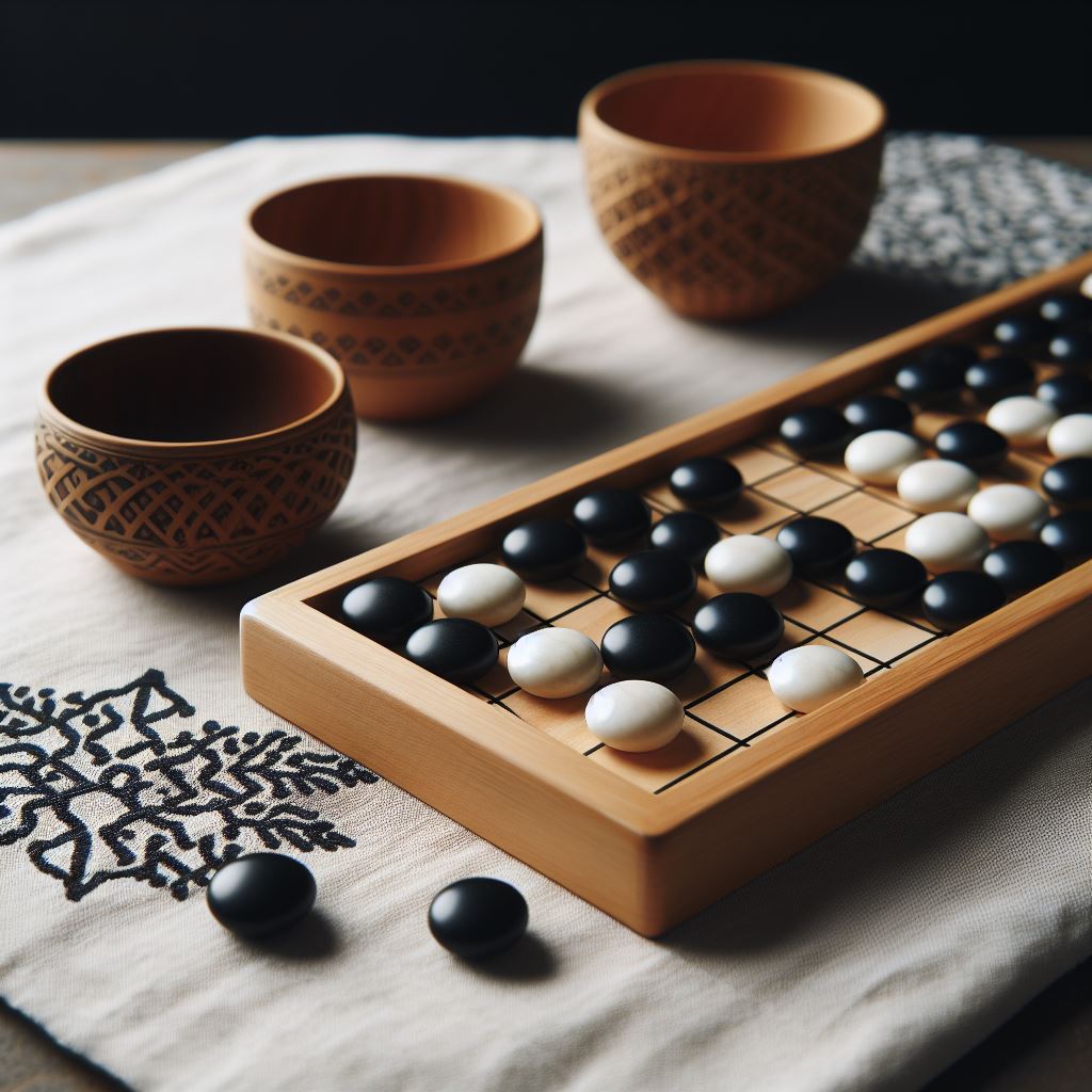 Go board game with black and white stones, wooden bowls, and decorative cloth