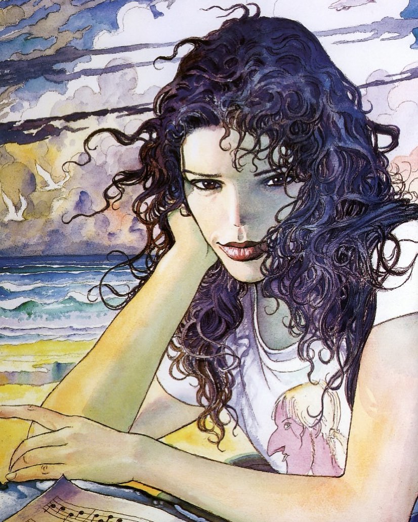 Painted portrait of a woman with curly dark hair leaning on her hand near a beach at sunset