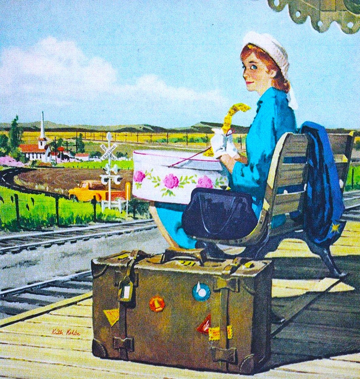 Vintage illustration of a woman on luggage at a train station platform with suitcases and flowers