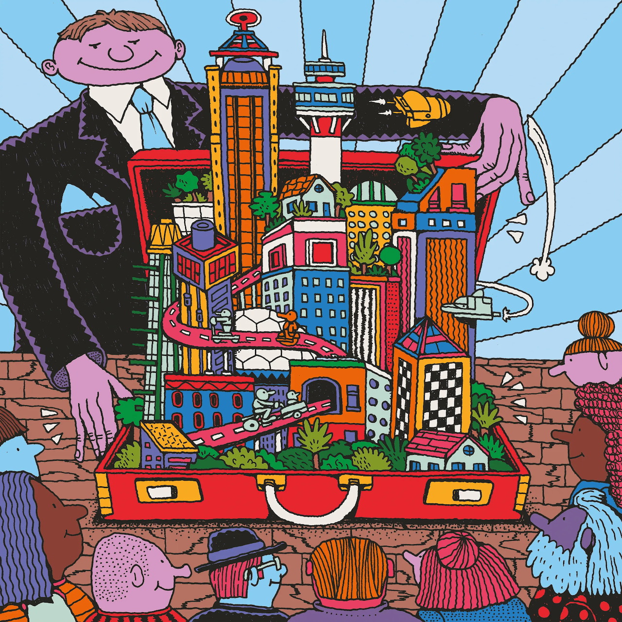 Colorful cartoon of a suitcase opened into a futuristic city with a giant man and children watching