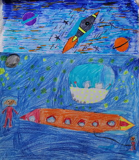 Child's crayon drawing of outer space with rockets, planets, stars, a UFO, and an alien