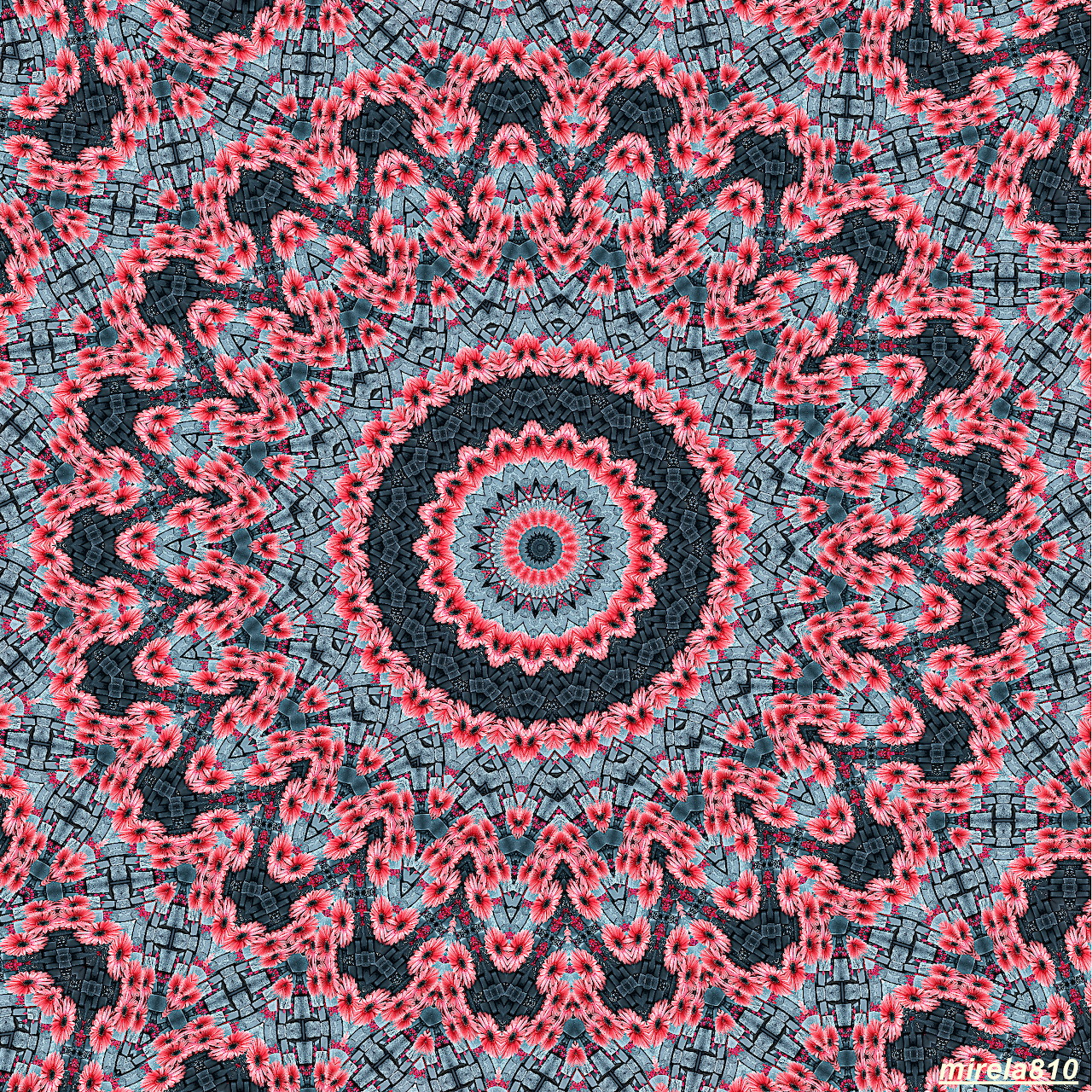 Intricate mandala with coral pink and turquoise blue symmetrical geometric patterns radiating from a red center
