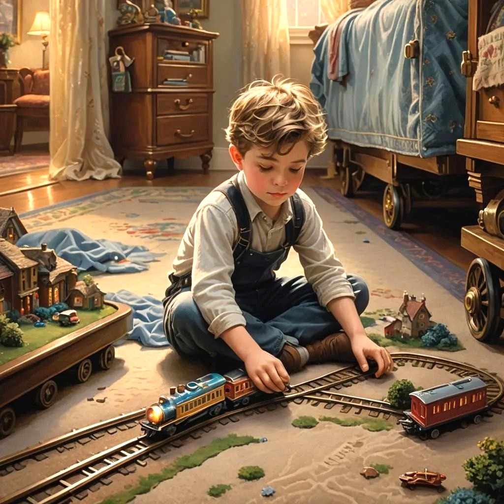 Young boy playing with a toy train set on the bedroom floor