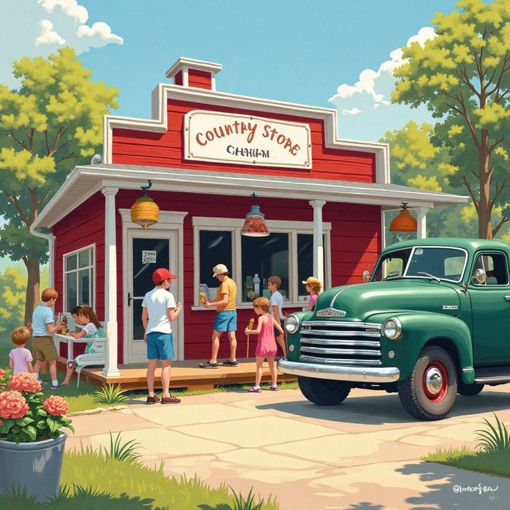 Illustration of a country store with people on the porch and a vintage green pickup truck