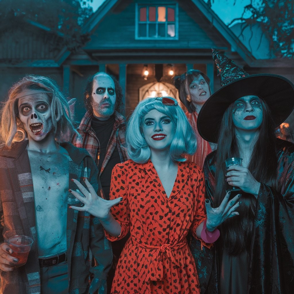 Group of people in zombie costumes and makeup at a nighttime Halloween party holding drinks