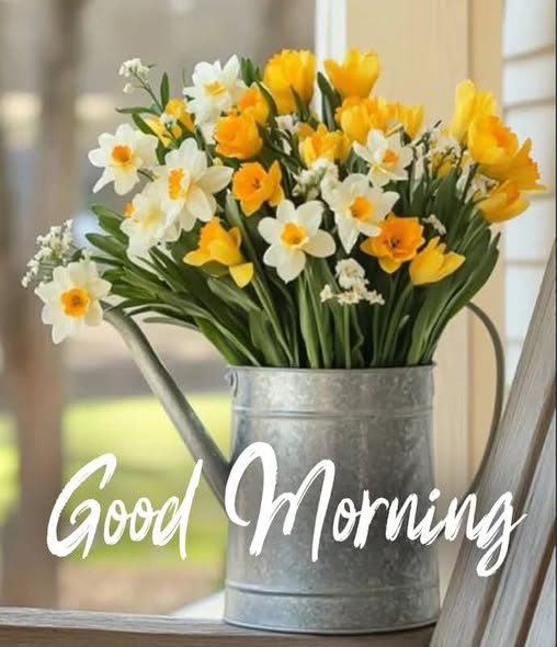 Yellow and white daffodils in a galvanized metal watering can by a window