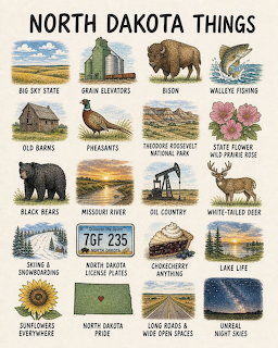 Illustrated collage of North Dakota icons with bison, barns, pheasants, flowers, lake scenes, and landmarks