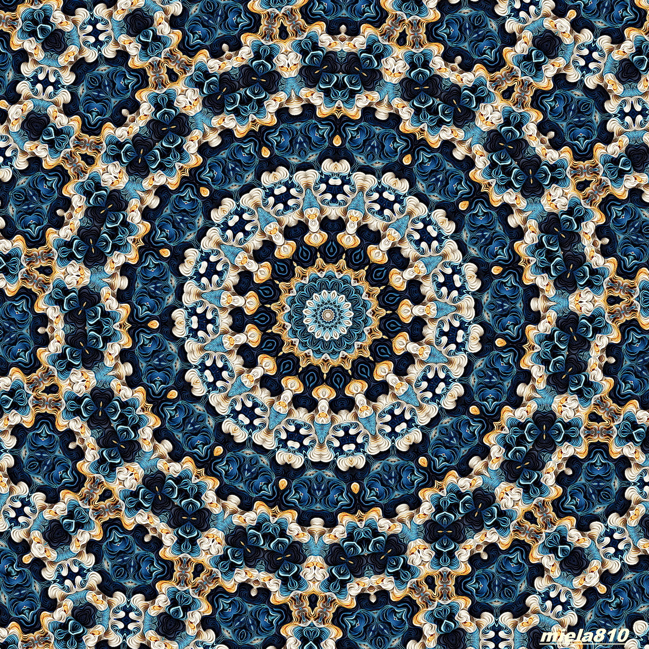 Detailed mandala with blue and gold geometric patterns in concentric circles