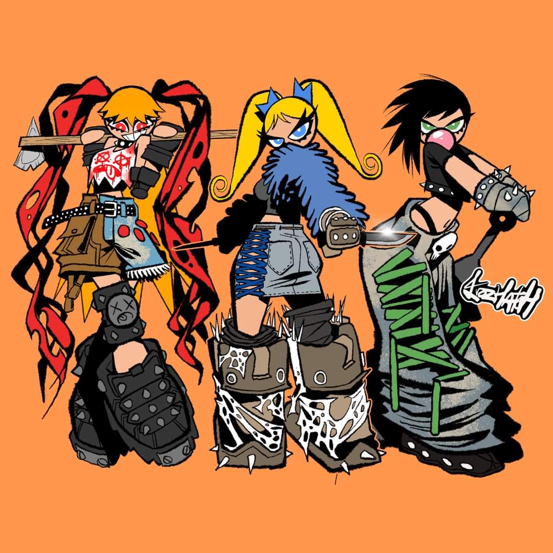 Three cartoon punk girls in boots and alternative outfits on an orange background