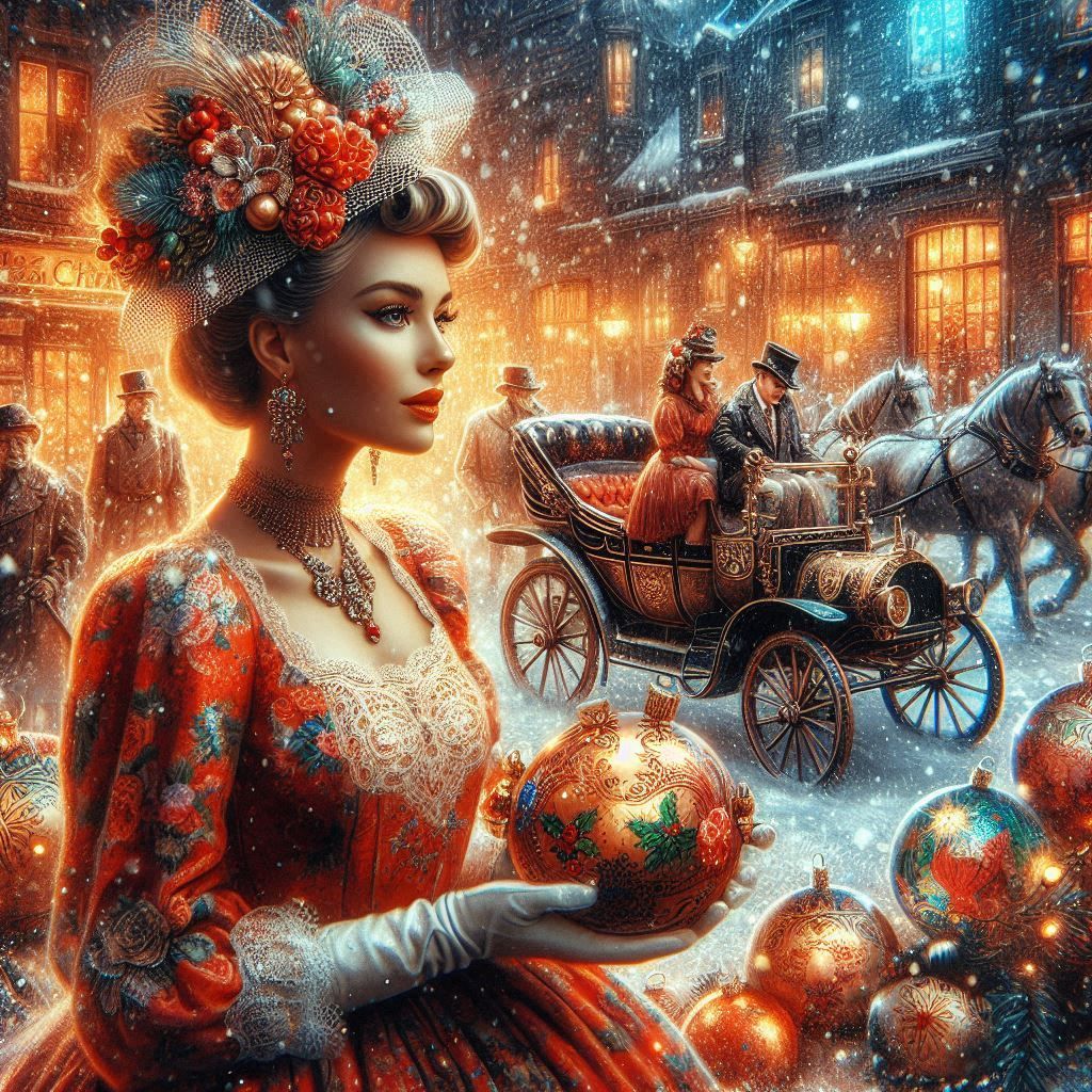 Victorian woman in red gown with Christmas ornaments and floral crown, snowy street with horse carriage behind her