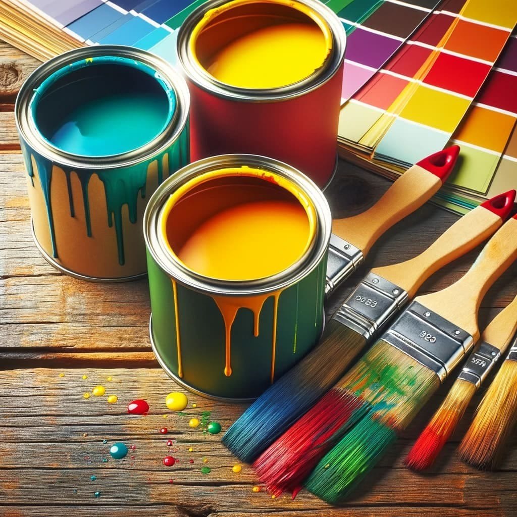 Open paint cans in yellow, turquoise, and orange with paintbrushes and color swatch cards on wood table