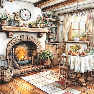Rustic kitchen interior with a lit brick fireplace, wooden chair, window table, flowers, and bread