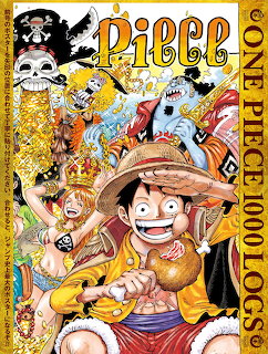 One Piece manga color spread showing Luffy and various characters in a celebratory collage with golden decorative frame