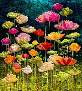 Textile art of colorful fabric flowers on quilted teal background