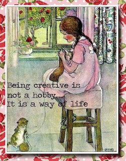 Vintage illustration of a girl knitting on a stool by a window with a kitten and floral border