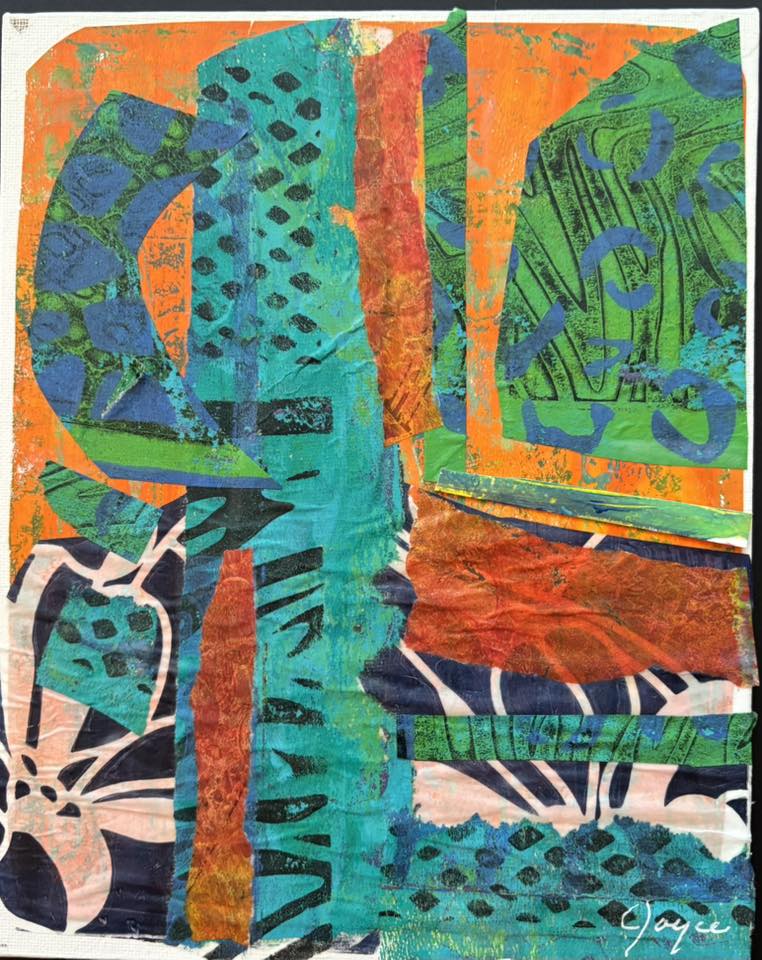 Abstract art with teal geometric shapes, orange bands, and layered patterns on textured background
