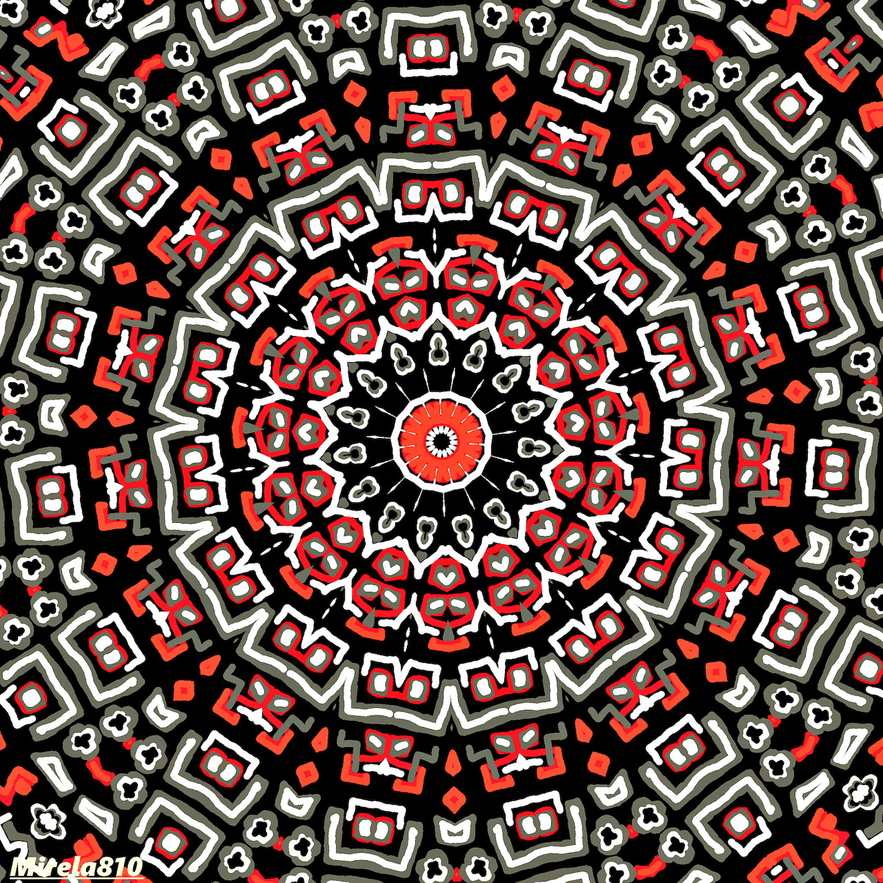 Circular mandala pattern with red, black and white geometric shapes in radial symmetry