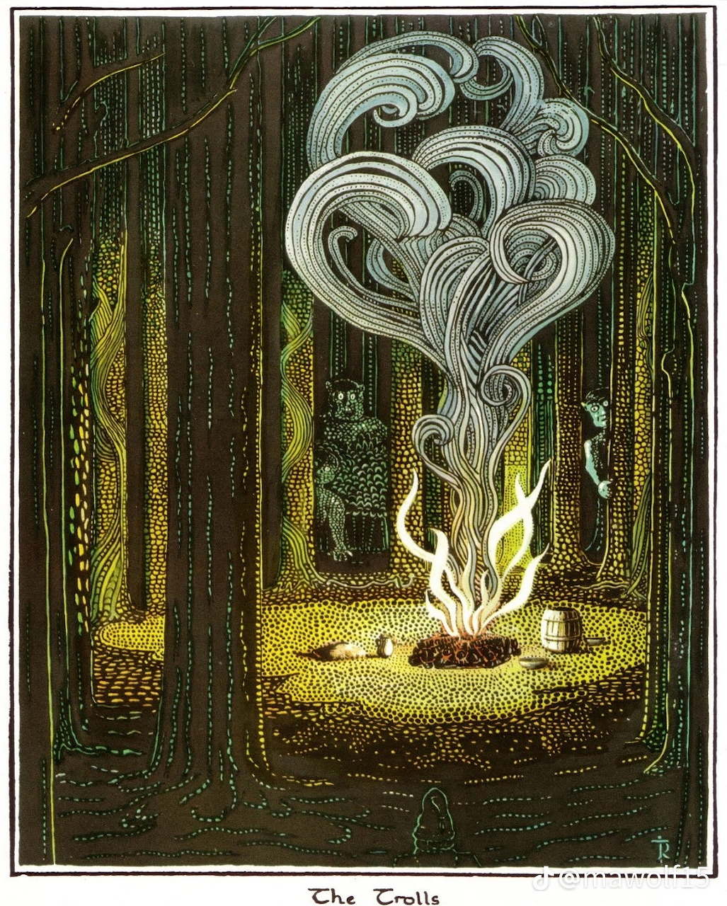 Illustration of trolls in a dark forest around a campfire with curling white smoke