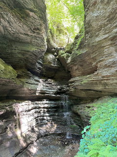 Narrow sandstone canyon with small waterfall flowing between layered rock walls surrounded by green foliage