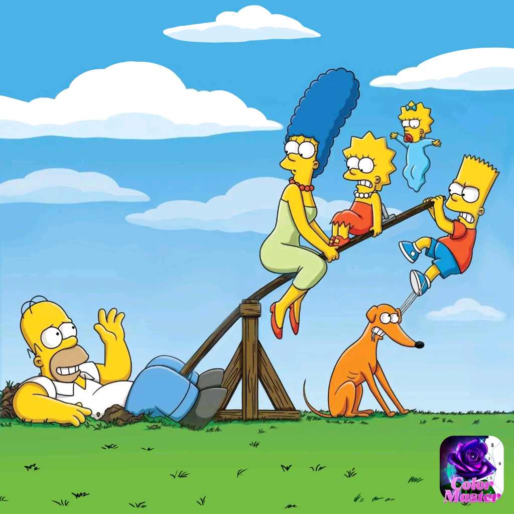 The Simpsons characters on a seesaw in a park with blue sky and clouds