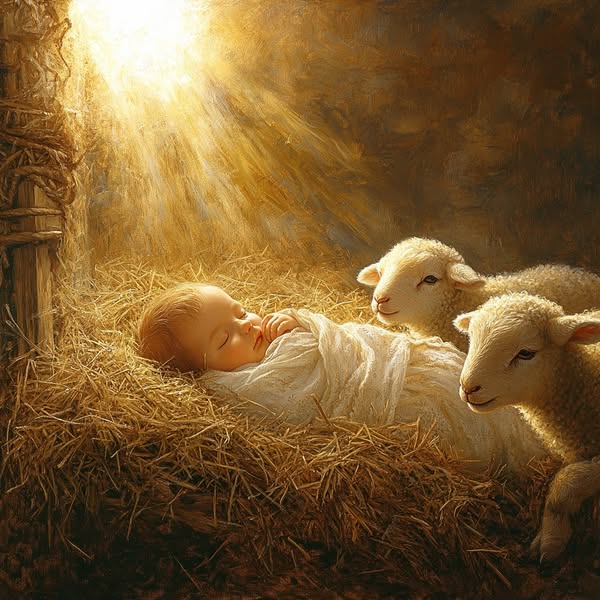 Sleeping baby on straw with two lambs in warm golden light
