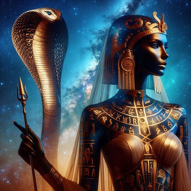 Stylized ancient Egyptian queen with gold headdress, hieroglyphic collar, cobra, and starry blue background