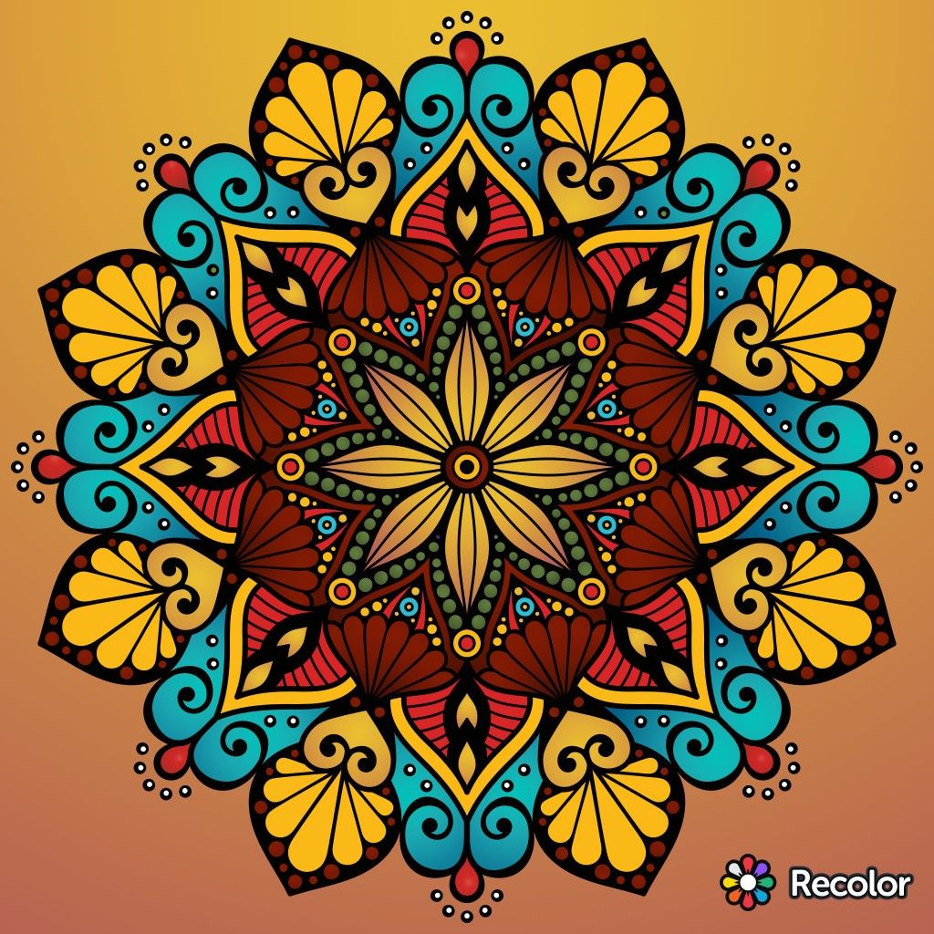 Colorful symmetrical mandala with golden petals and turquoise decorative elements on orange background
