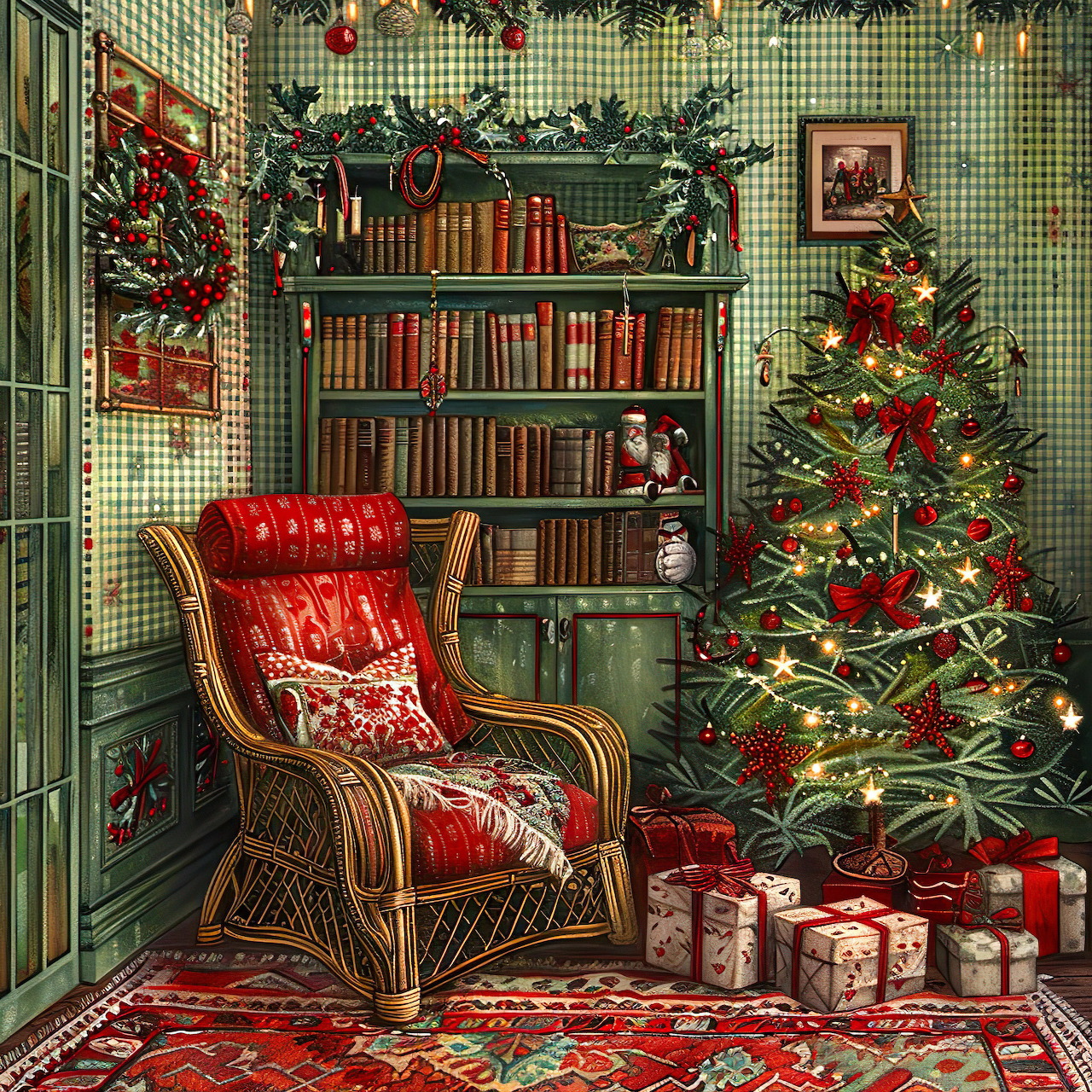 Cozy Christmas room with a wicker chair, bookshelf, decorated tree, and wrapped gifts