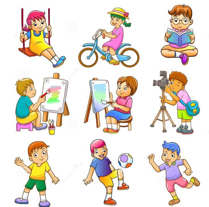Cartoon children doing hobbies like swinging, biking, reading, painting, photography, and ball play